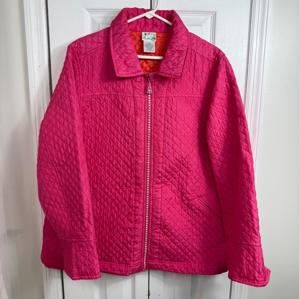 Quacker Factory Quilted Silk Jacket 1X Pink Rhinestone Zip Up plus size